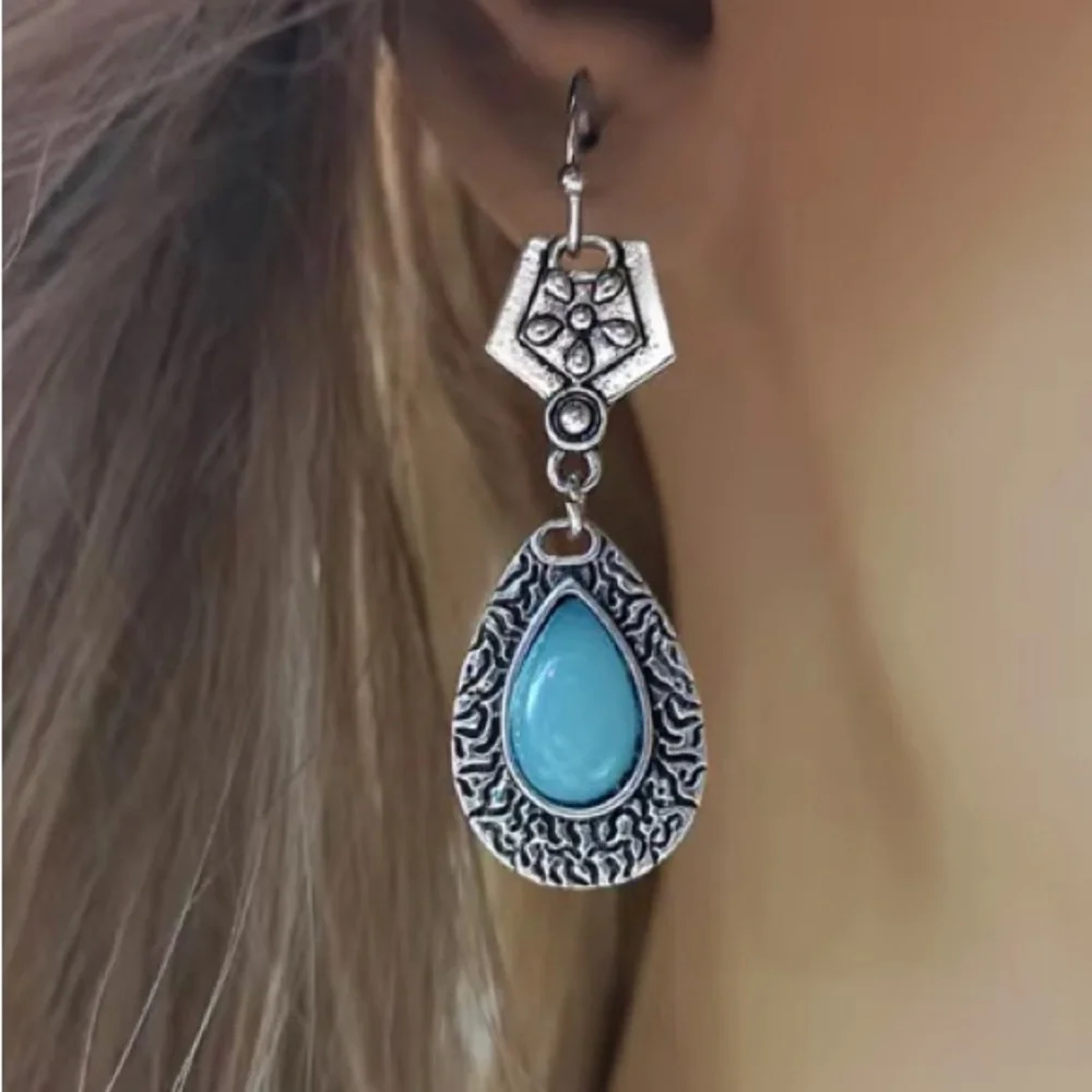 Flower Pattern Water Drop Shape Inlaid Synthetic Gemstone Dangle Earrings Retro - Picture 2 of 11